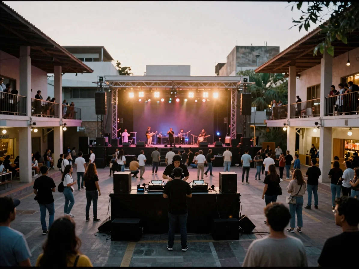 Plano amplio de un venue en vivo mexicano antes de un evento, cab