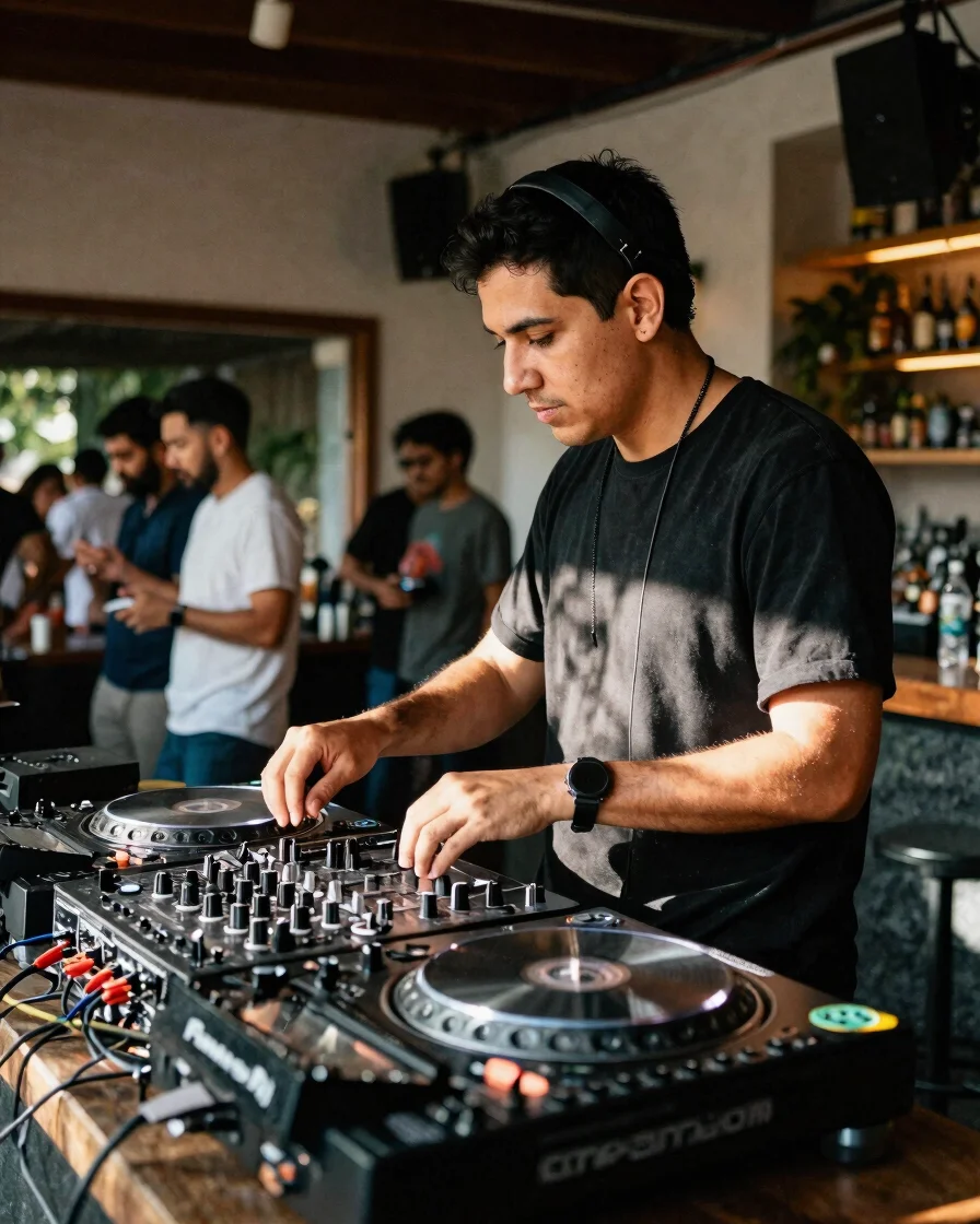 Editorial live-event photography of a DJ at a mixing booth in a M