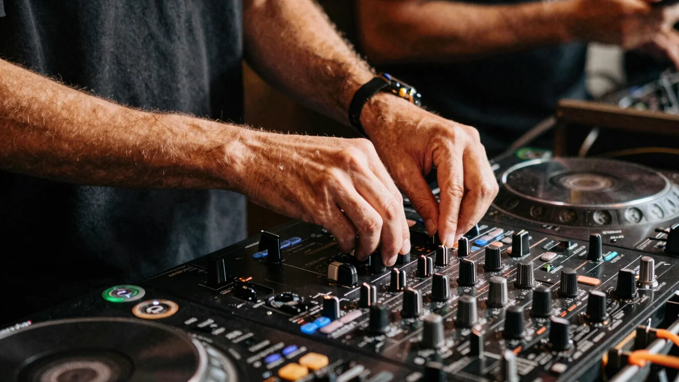 Editorial documentary photograph of a DJ booth detail, close fram