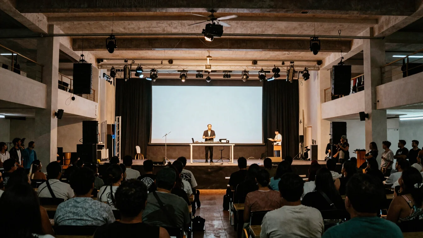 Editorial live-event photograph, wide view of a venue stage and D
